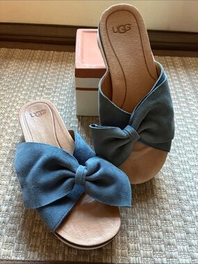 UGG Women's Slate Blue Bow Slide Sandals